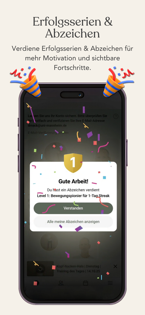 Liebscher & Bracht App - Liebscher and Bracht 앱은 축하용 색종이 조각과 함께 하루 연속 달성 배지