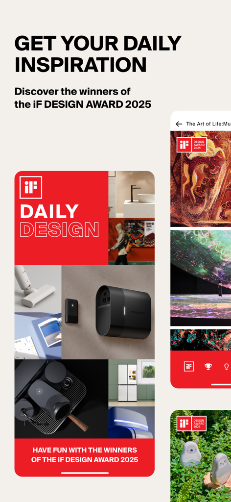 A collage of award winning industrial and product designs from the iF Daily Design app