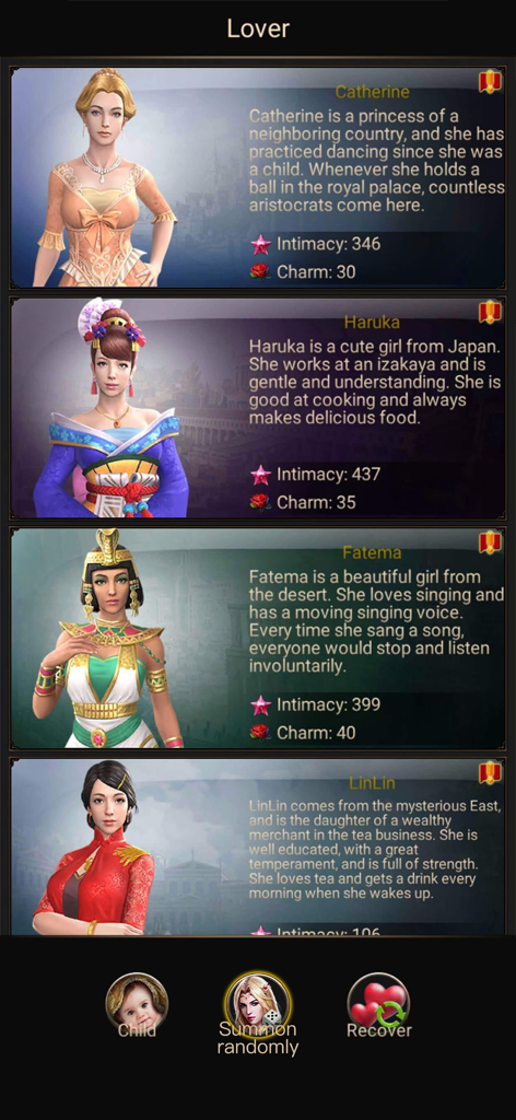 Road of Kings - Endless Glory - Screenshot of the lover interface showing profiles of female characters in Road of Kings