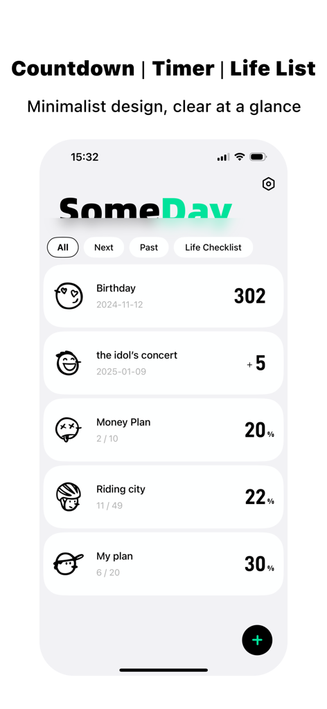 Main screen of SomeDay app showing countdowns for birthdays, concerts, and life goals progress.