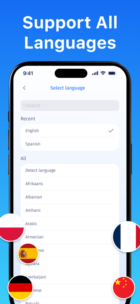 AI Translator: Camera & Voice - Pantalla de selección de idioma de la aplicación Traductor IA que muestra una lista de idiomas admitidos y banderas nacionales decorativas.