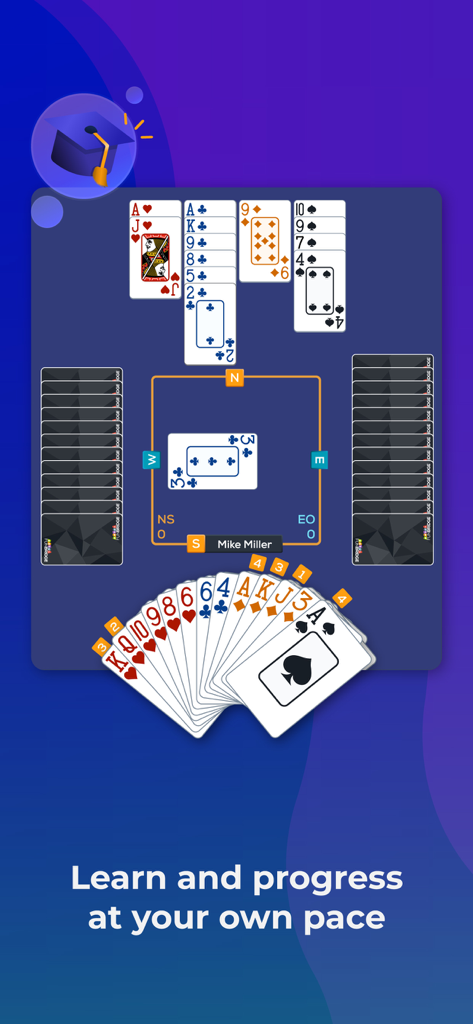 Interface of the Fun Bridge app showing a card game in progress with a learning icon and tutorial text