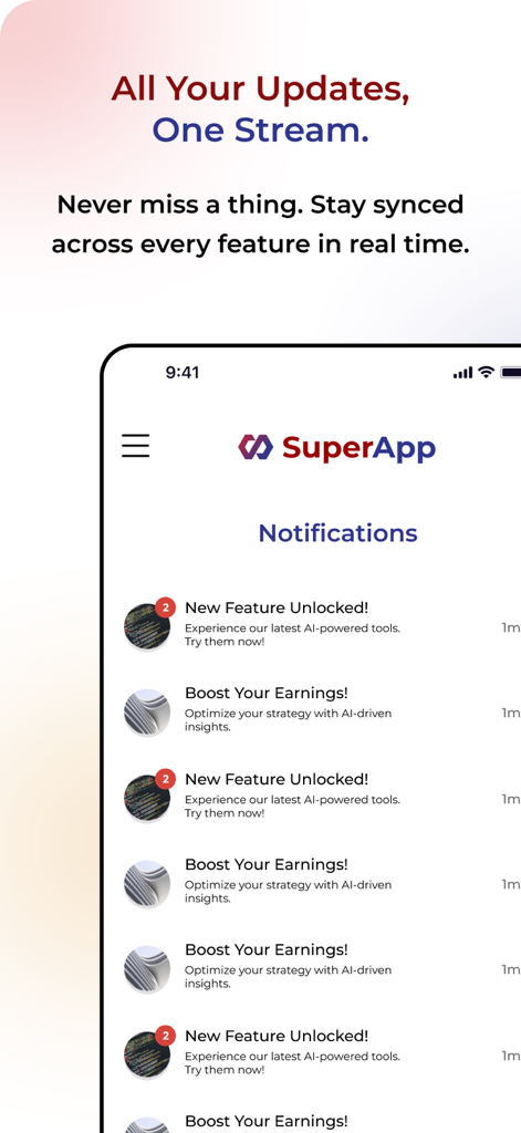 SuperApp, Inc. - SuperApp notifications interface showing a unified stream of real time updates and AI-powered tool alerts.