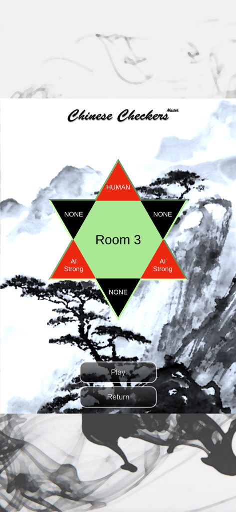 Chinese Checkers Master game setup screen with player selection star and traditional ink art background