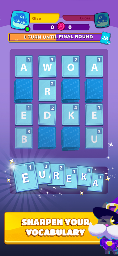 Gibberish: Word game & friends - Una captura de pantalla del juego Gibberish que muestra cartas de letras formando la palabra EUREKA durante una partida multijugador.