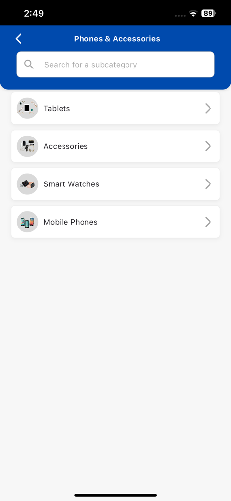 Buy & Sell Liberia - Phones and Accessories subcategory selection screen on the Buy and Sell Liberia mobile app.