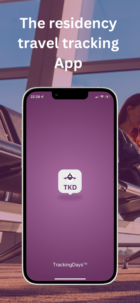 TrackingDays app splash screen on an iPhone showing the logo for residency travel tracking in an airport setting