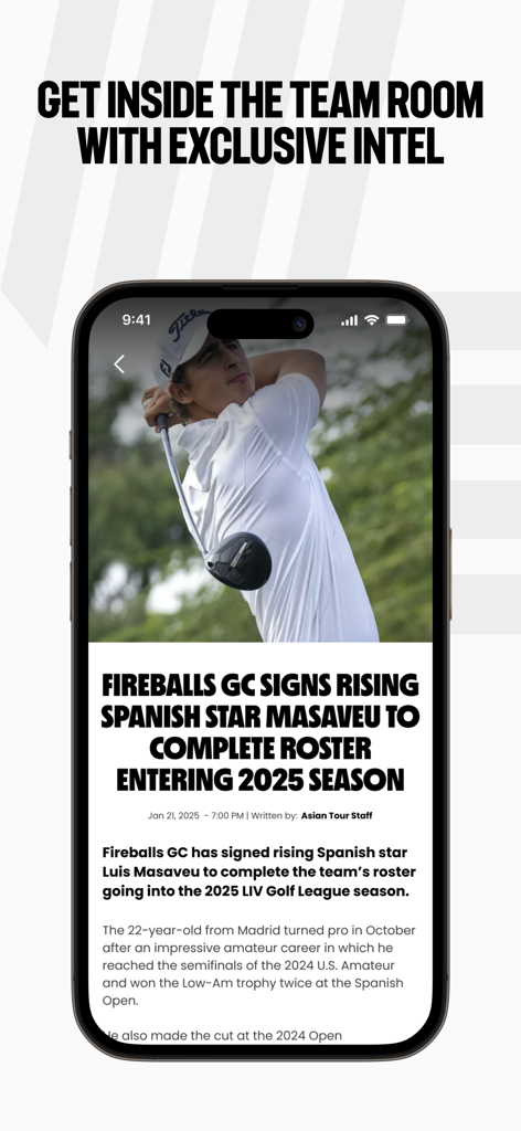 LIV Golf - Der LIV Golf App-Bildschirm zeigt exklusive Teamnachrichten und Spieler-Updates an.