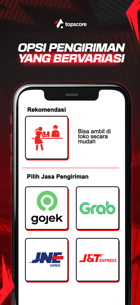 Topscore - Pantalla de la aplicación Topscore mostrando varias opciones de entrega y recogida en tienda, incluyendo Gojek y Grab.