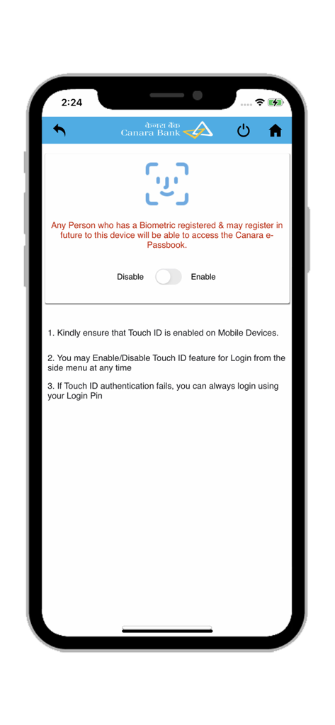 Canara ePassbook app screen for enabling biometric login security with Face ID and Touch ID instructions