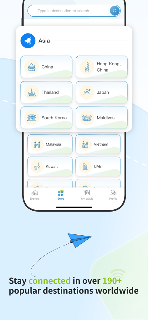 CMLink eSIM: Global eSIM Plan - Interface de l'application CMLink eSIM montrant les forfaits de données internationaux pour divers pays asiatiques.