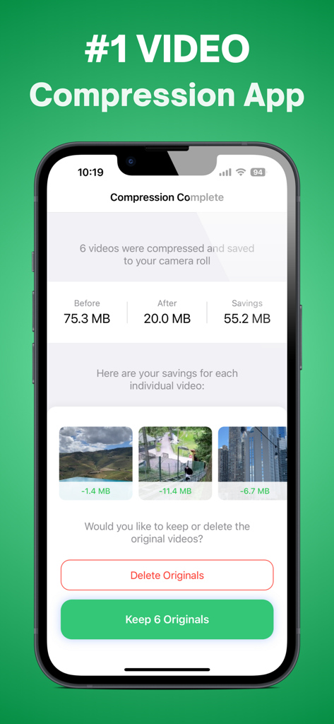 Compress Videos: Free Up Space - Captura de tela do aplicativo TinyVid mostrando a economia de espaço após a compressão de seis vídeos