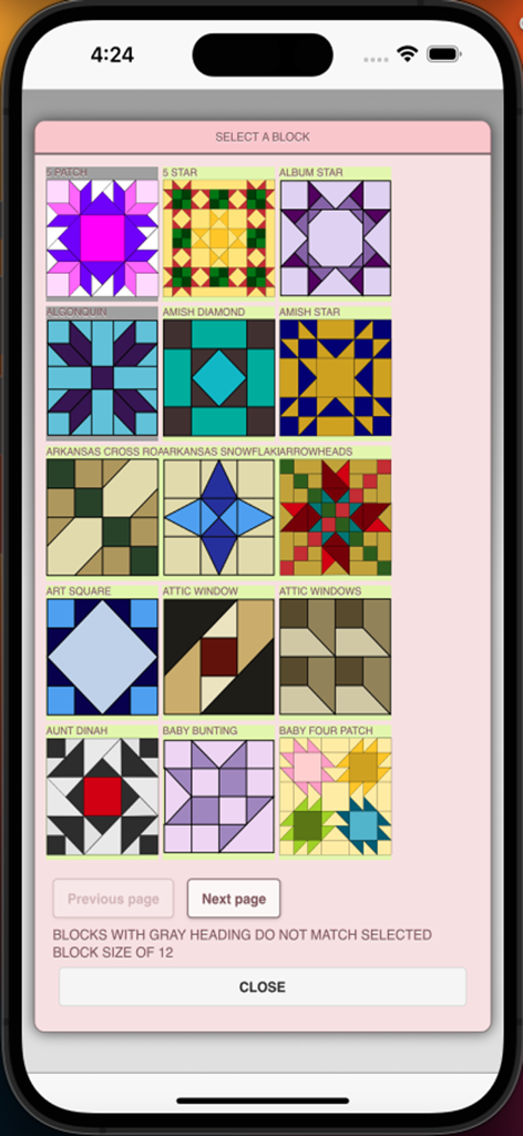 Quilt Pattern Creator - A menu in the Quilt Pattern Creator app showing a variety of colorful quilt block patterns and designs
