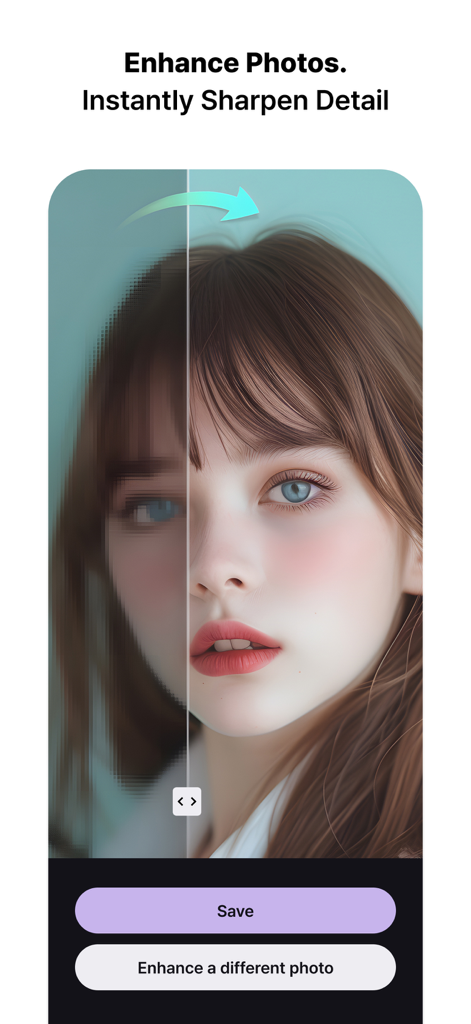 MeeAww - AI Photo Editor - Before and after comparison showing a blurry portrait sharpened with MeeAww AI Photo Editor
