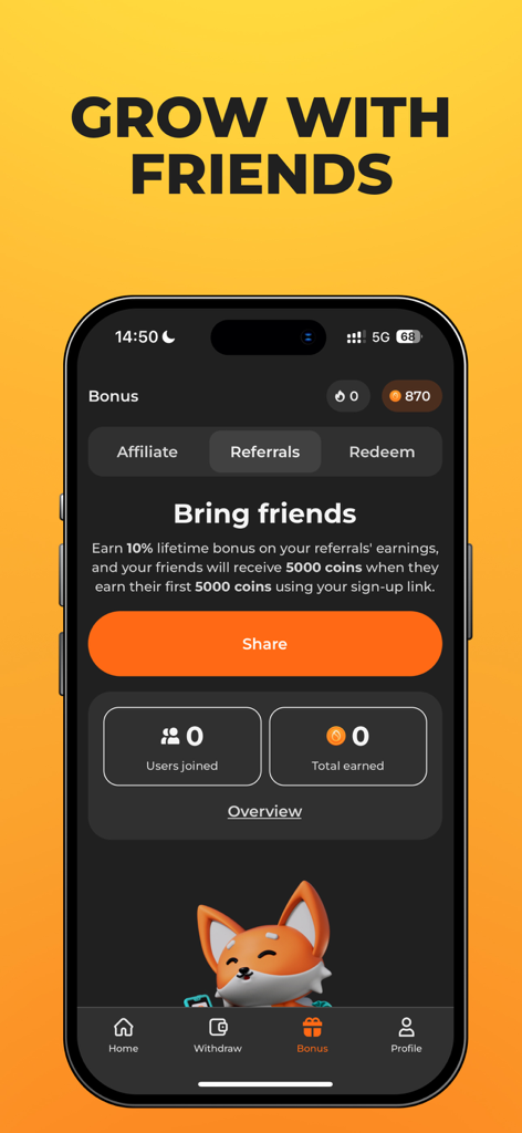 친구 초대 시 보상을 보여주는 Scrambly 앱 추천 프로그램 화면