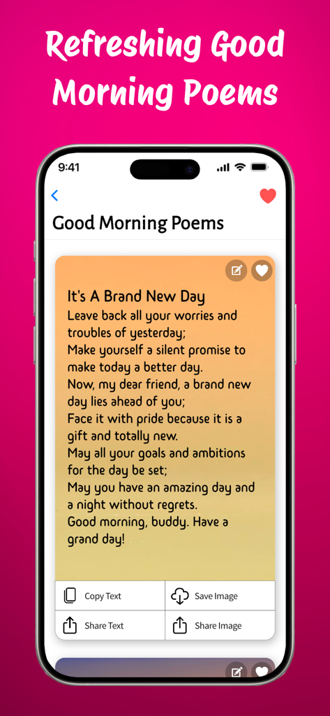 Un écran d'application mobile affichant un poème de bonjour intitulé It's A Brand New Day avec des options pour copier, enregistrer et partager.