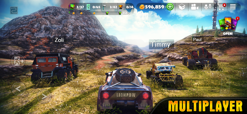 Multiplayer mode in Off The Road Mud Racing showing players driving custom trucks in an open world.