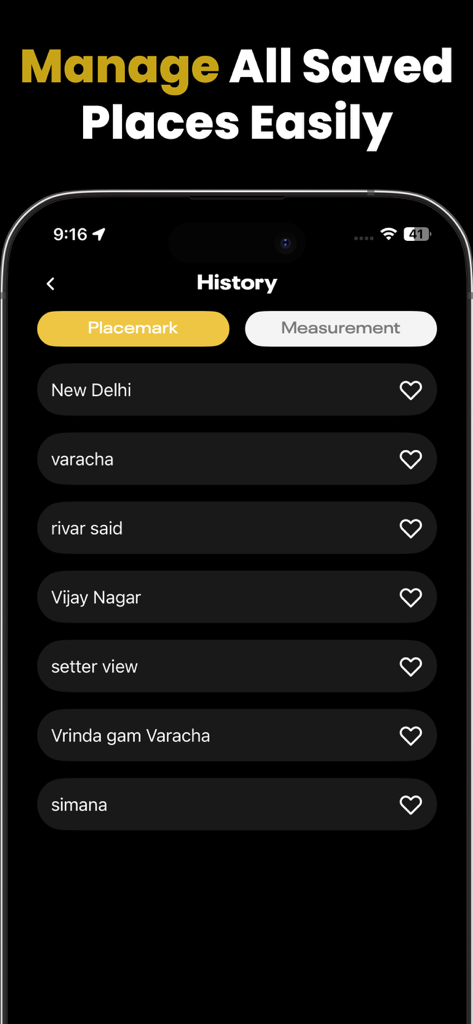 MAPAS: Live Street View - GPS - History screen of the MAPAS app showing a list of saved locations and placemarks.