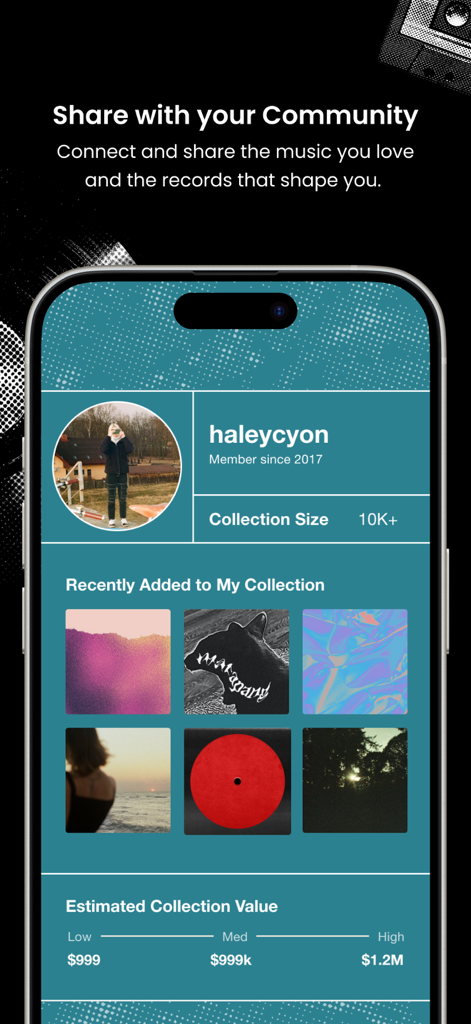 A smartphone screen displaying a Discogs user profile with music collection size and estimated market value