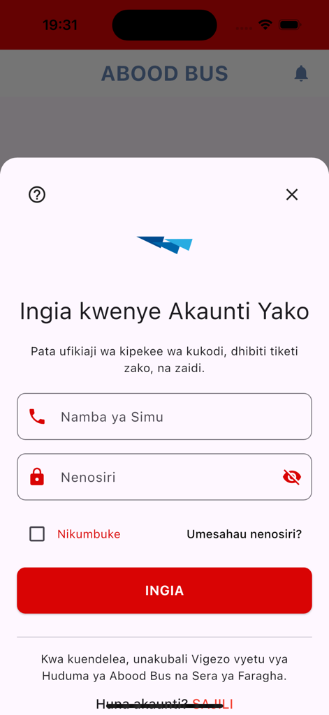 Abood Bus app login screen in Swahili with phone number and password fields.