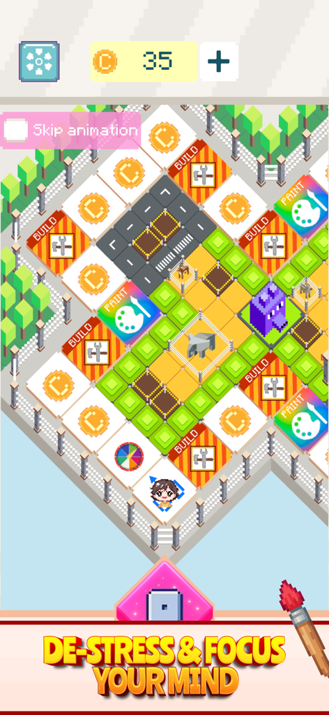 Color Zen: Paint by Number - Interfaz del juego móvil Color Zen que muestra un tablero de arte pixelado con baldosas de pintura y construcción para la relajación.