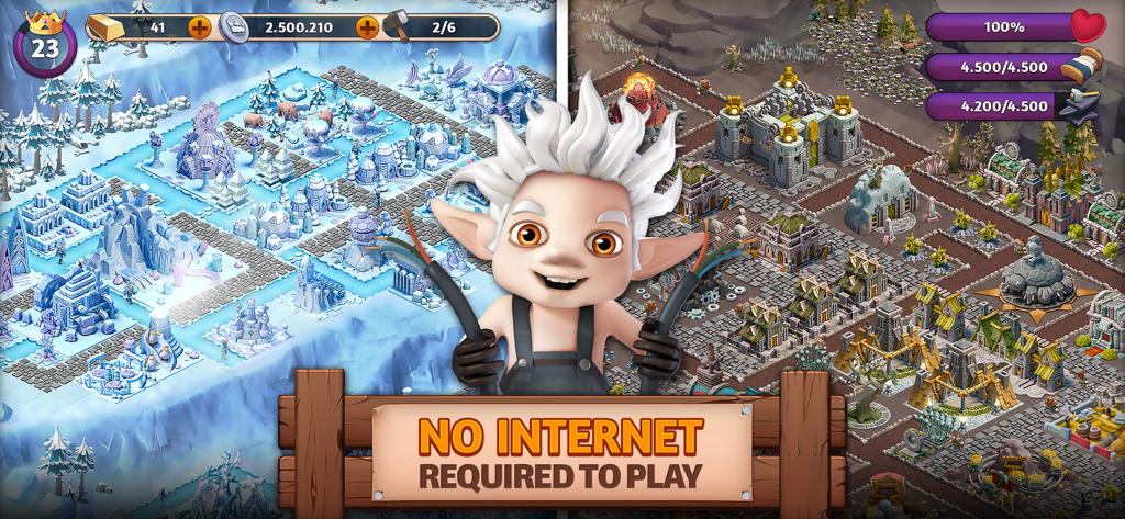 Fantasy Island: Sim Adventure - Eine Gnom-Figur vor einem geteilten Bildschirm, der Eis- und Erdbioume zeigt, mit einem Schild, auf dem steht, dass kein Internet zum Spielen erforderlich ist.