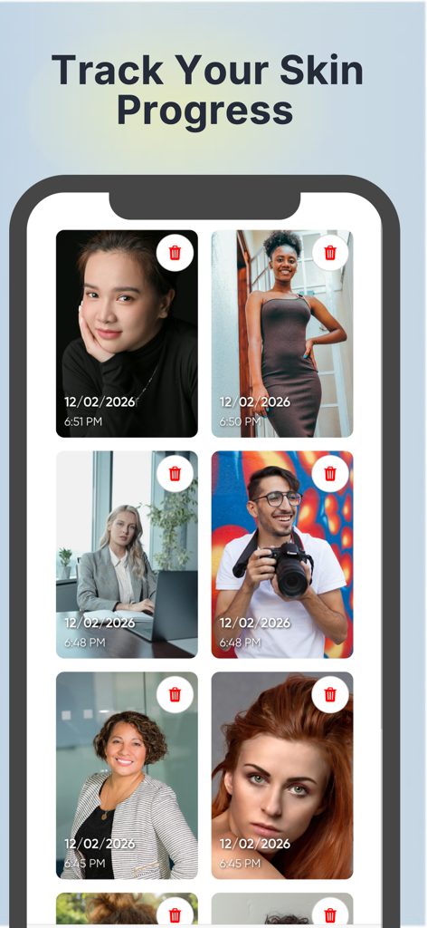 SkinBot AI Skin Care - A mobile app interface displaying a gallery of dated user photos for tracking skin health progress over time.