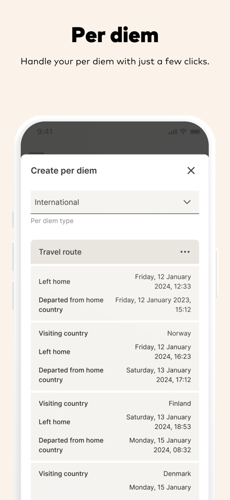 Kvitto and Resa mobile app screen showing international per diem travel route details