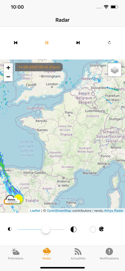 Météo Languedoc - Carte radar de précipitations montrant la météo au-dessus de la France dans l'application Météo Languedoc