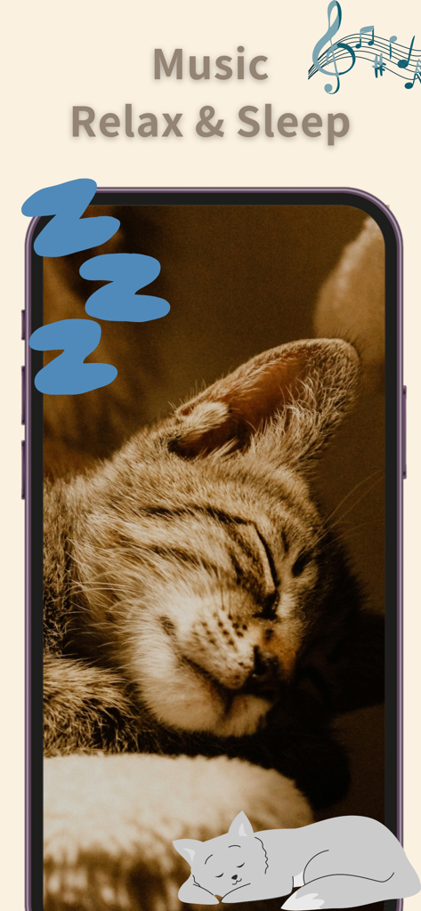 CatVerse - Cat Games for Cat - Smartphone screen displaying the cat relaxation and sleep music feature of CatVerse app.