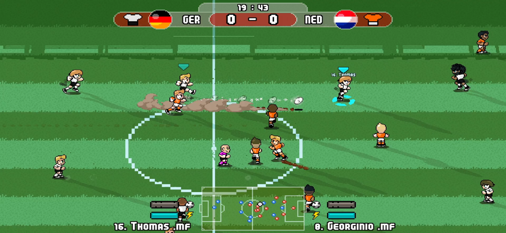 Pixel Cup Soccer - Lite - 독일과 네덜란드 간의 축구 경기를 보여주는 복고풍 픽셀 아트 게임 플레이