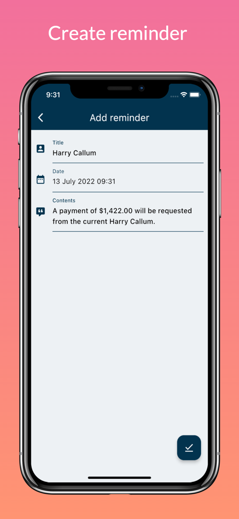 Current Tracking - ENOR - Tela móvel para adicionar um lembrete de pagamento com detalhes de título, data e valor no aplicativo Current Tracking