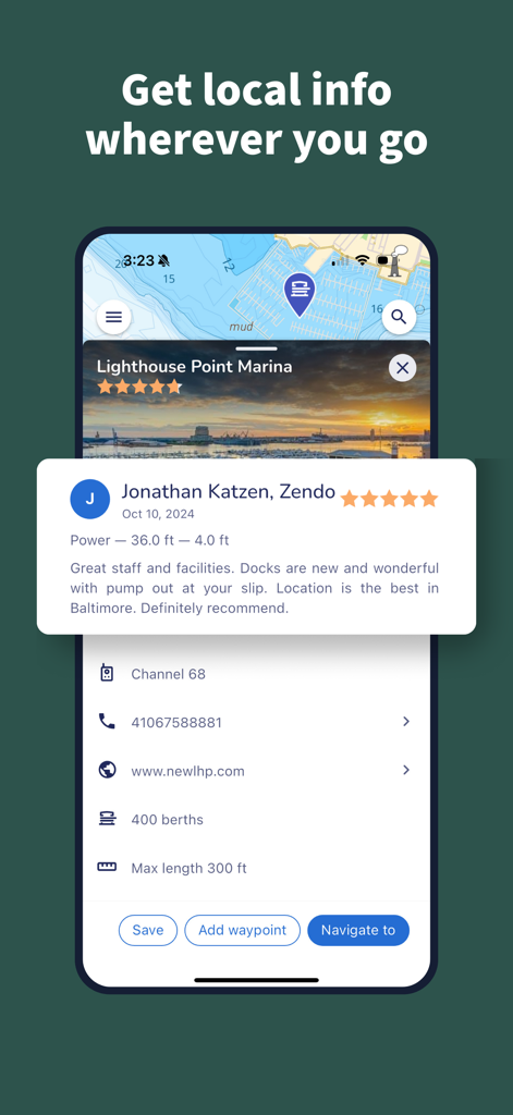 Savvy Navvy Boating Navigation - Savvy Navvy mobile app displaying marina details and user reviews for boaters
