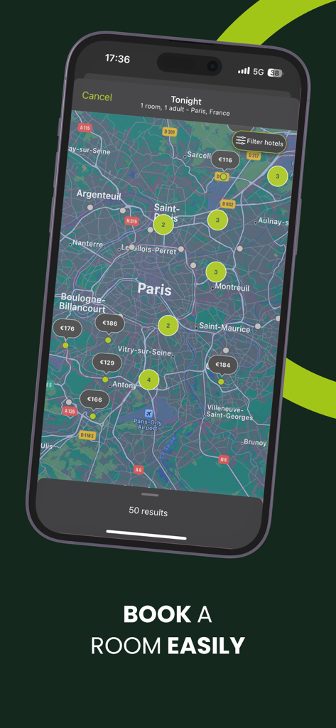 B&B HOTELS: book a hotel - Mobile app interface showing a map of Paris with hotel locations and prices for easy booking.