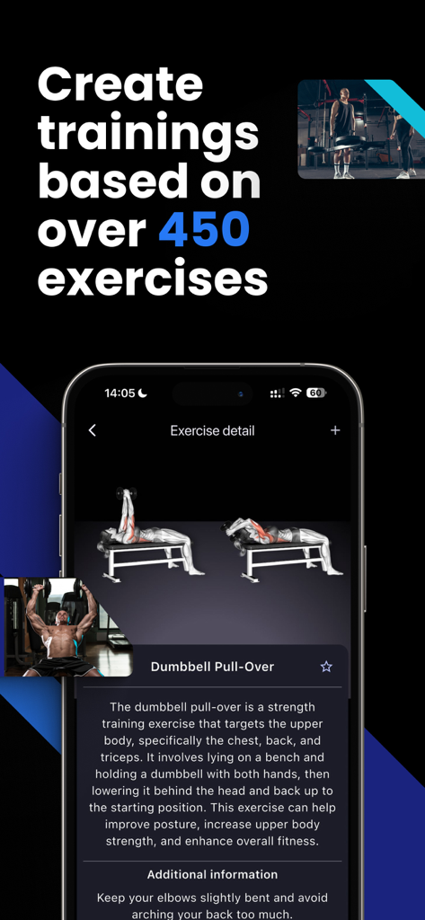 Heft - Exercise Tracker & Log - Heft app screen showing detailed instructions and illustrations for a dumbbell pull-over exercise.