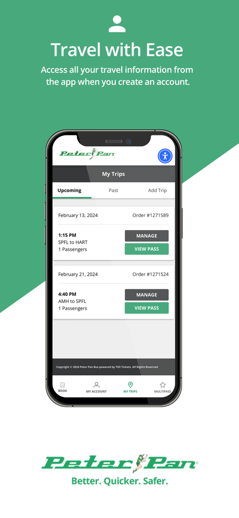 Peter Pan Bus Lines - Screenshot of the Peter Pan Bus Lines mobile app showing a list of upcoming bus trips with options to manage bookings and view passes.