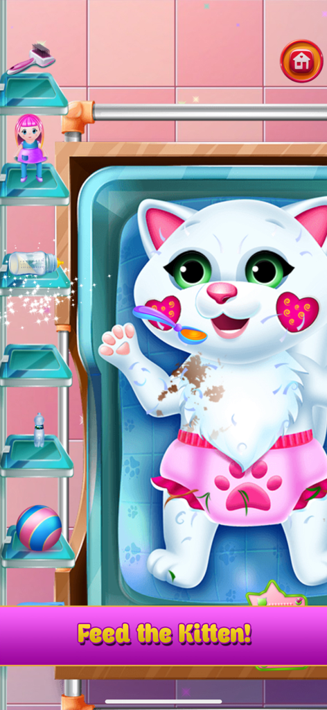 돌보기 게임에서 숟가락으로 먹이를 받는 분홍색 하트 뺨을 가진 만화 흰 아기 고양이.