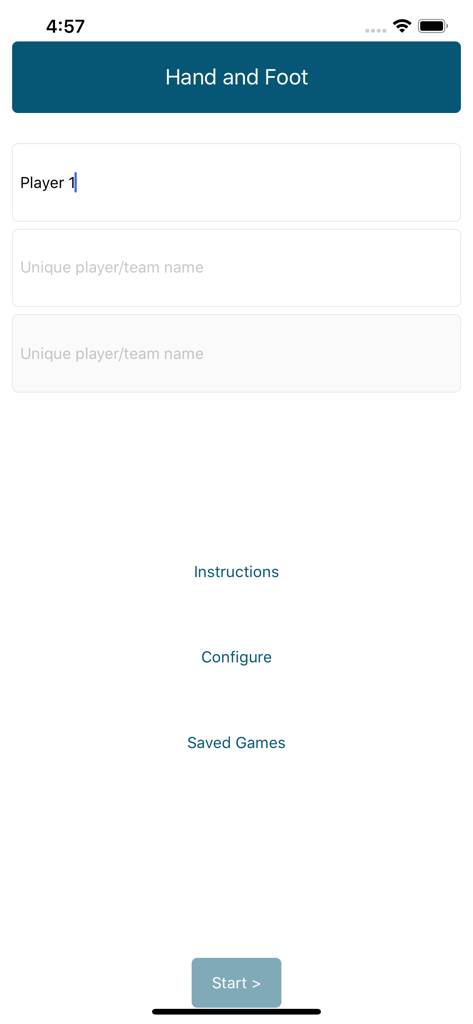 Home screen of Hand and Foot Calculator showing player name entry fields and configuration options
