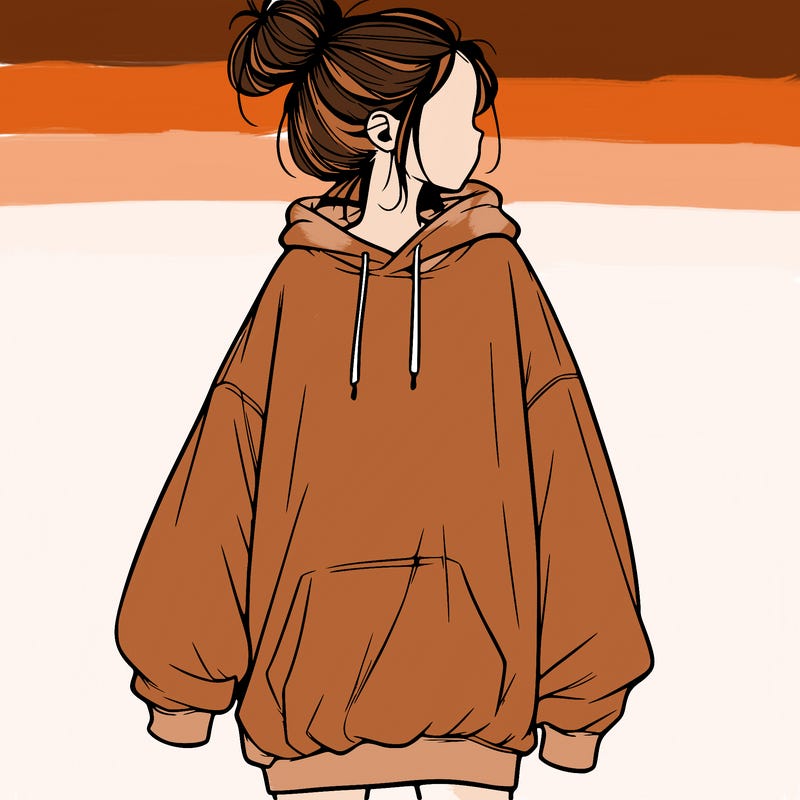 realistic girl with a oversized sweatshirt on and a bun