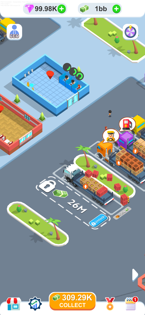 Isometric gameplay screenshot of Truck Depot showing cargo trucks being loaded at a logistics center with UI elements for currency and upgrades.