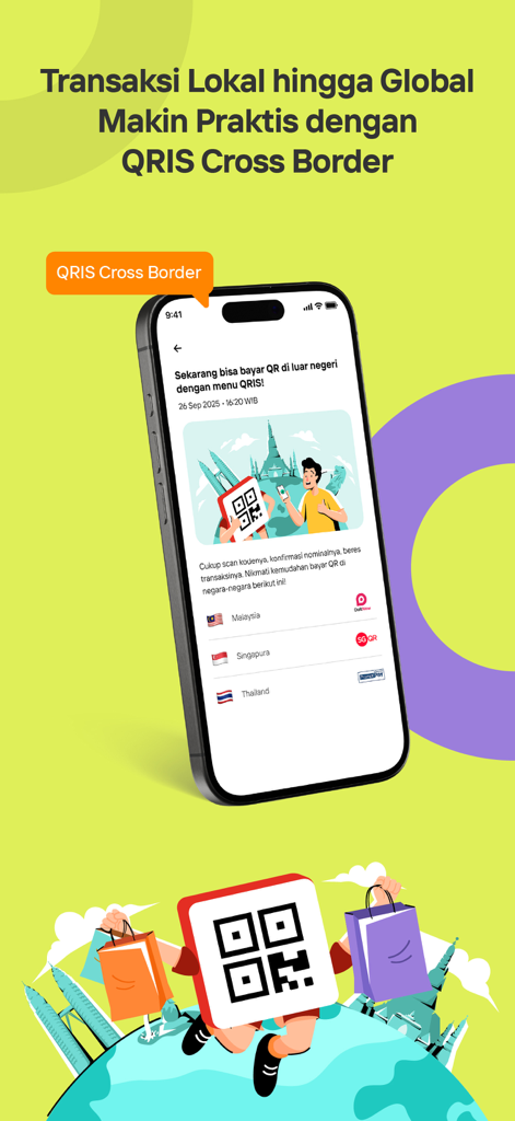 wondr by BNI mobile app screenshot showing the QRIS Cross Border feature for international payments in Malaysia Singapore and Thailand