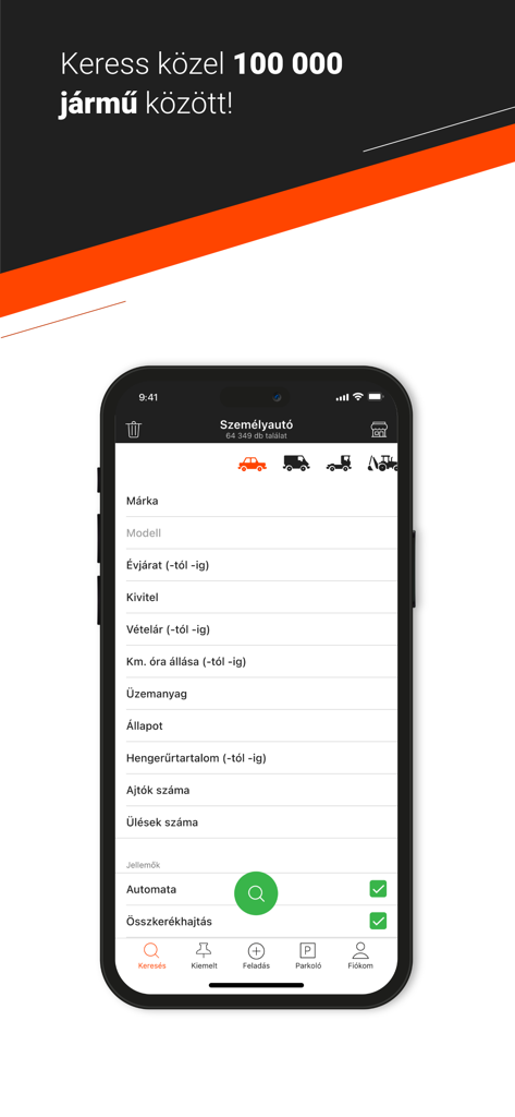 Használtautó - Schermata dell'app mobile Hasznaltauto che mostra filtri di ricerca dettagliati per marca, modello, anno e prezzo dell'auto