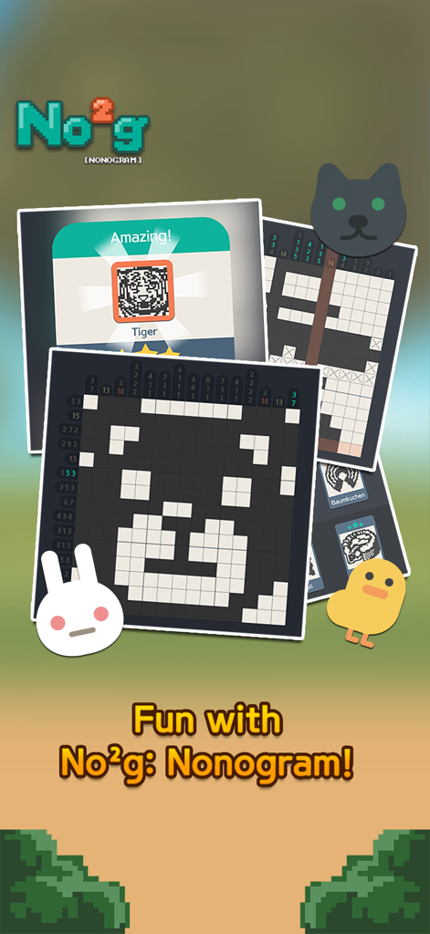 Grafica promozionale per No2g Nonogram che mostra puzzle logici pixel art e simpatici personaggi animali