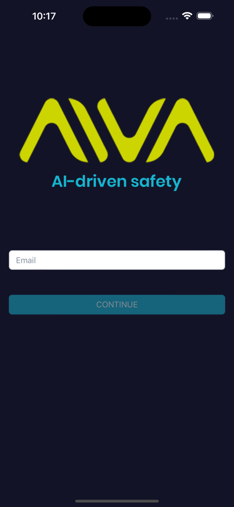AIVA - AI Driven Safety 3.0 - Pantalla de inicio de sesión de la aplicación AIVA con campo de entrada de correo electrónico y logo de seguridad impulsada por IA