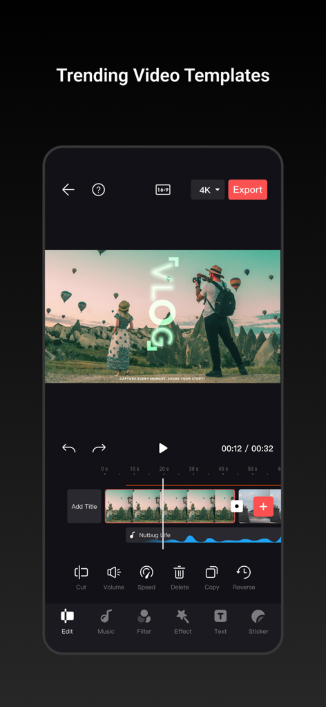 Interfaccia dell'app mobile DJI Mimo che mostra una timeline di editing video con un modello di vlog di viaggio e strumenti di editing