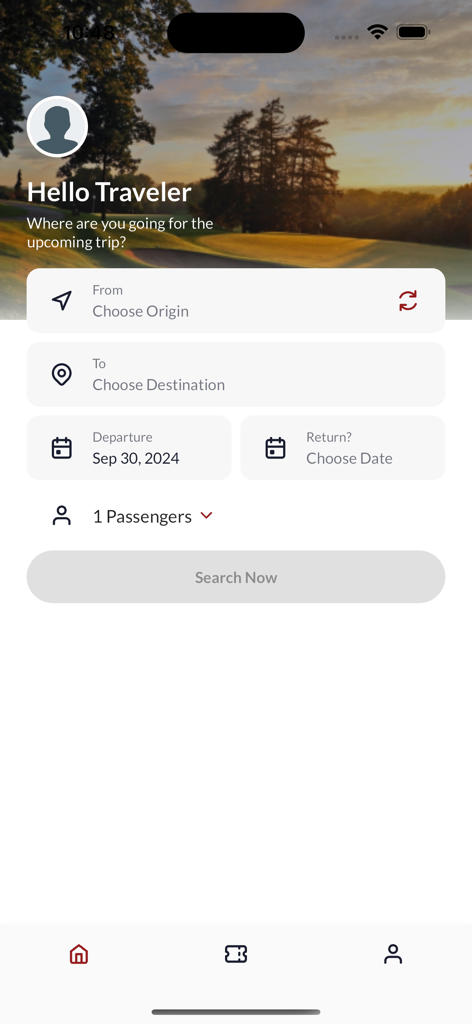 Ekareach Express App Startbildschirm mit der Reisebuchungsoberfläche mit Angabe von Abfahrtsort, Ziel und Datum