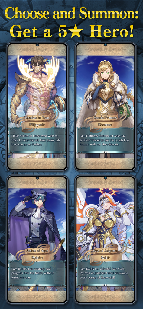 Fire Emblem Heroes - 샤론과 벨레트 등 4명의 독특한 캐릭터와 함께 '선택하여 소환, 5성 영웅을 획득하세요'라는 문구가 있는 파이어 엠블렘 히어로즈의 홍보 화면