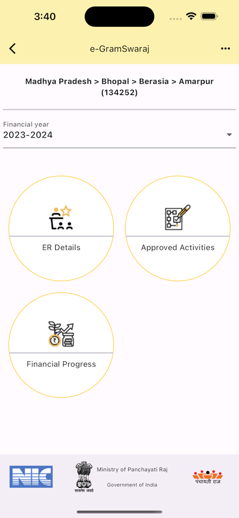 e-GramSwaraj - E-GramSwaraj app dashboard showing development activities and financial progress for a village in Madhya Pradesh