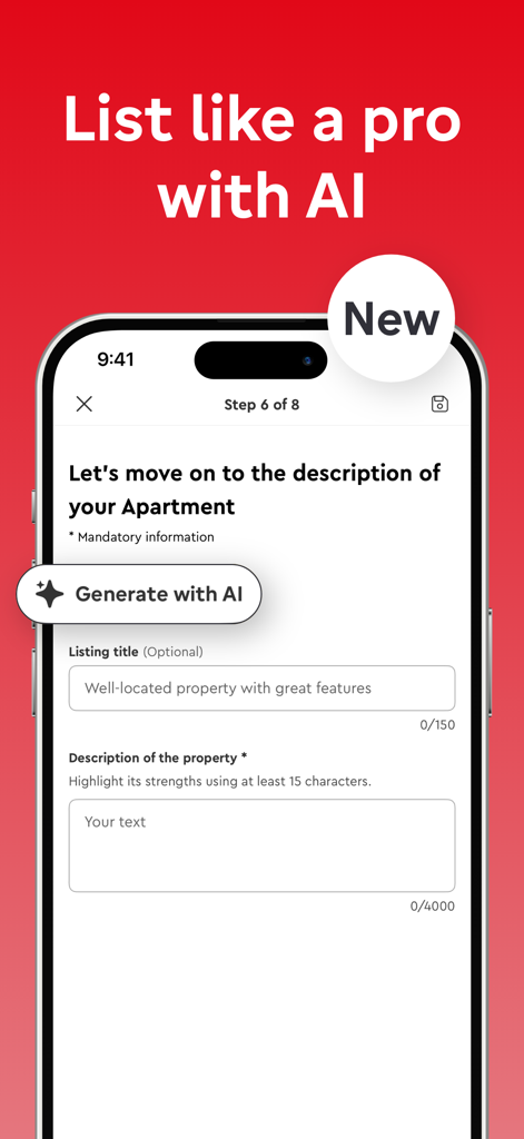 SeLoger – Real Estates France - Smartphone screen showing the SeLoger app feature to generate property descriptions using AI.