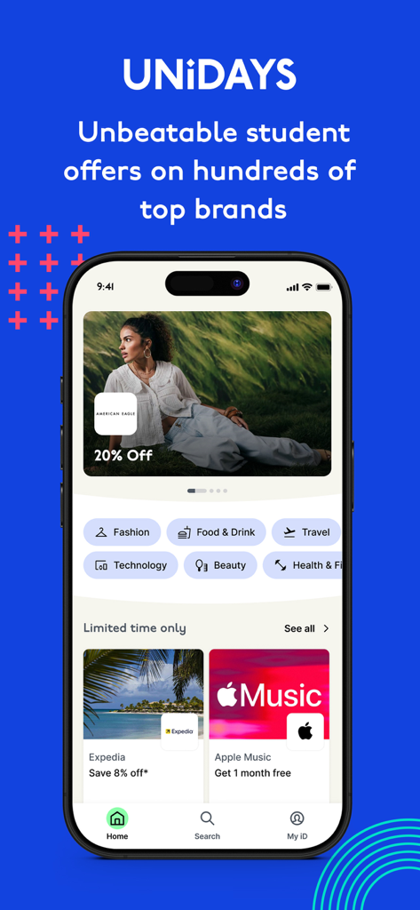 The UNiDAYS app home screen displaying exclusive student offers for brands like American Eagle and Apple Music